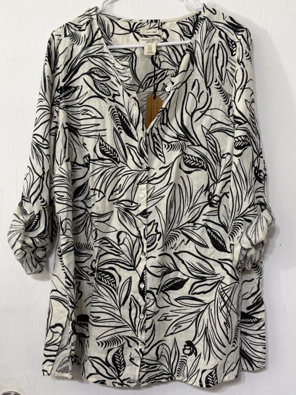 Christian Siriano Tropical Linen Button Shirt 100% Linen Palm Floral Top